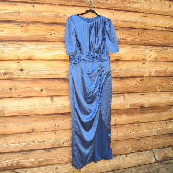 NWT Mac Duggal PUFF SLEEVE PLEATED BODICE DRAPED GOWN Blue 14 - Picture 8 of 15